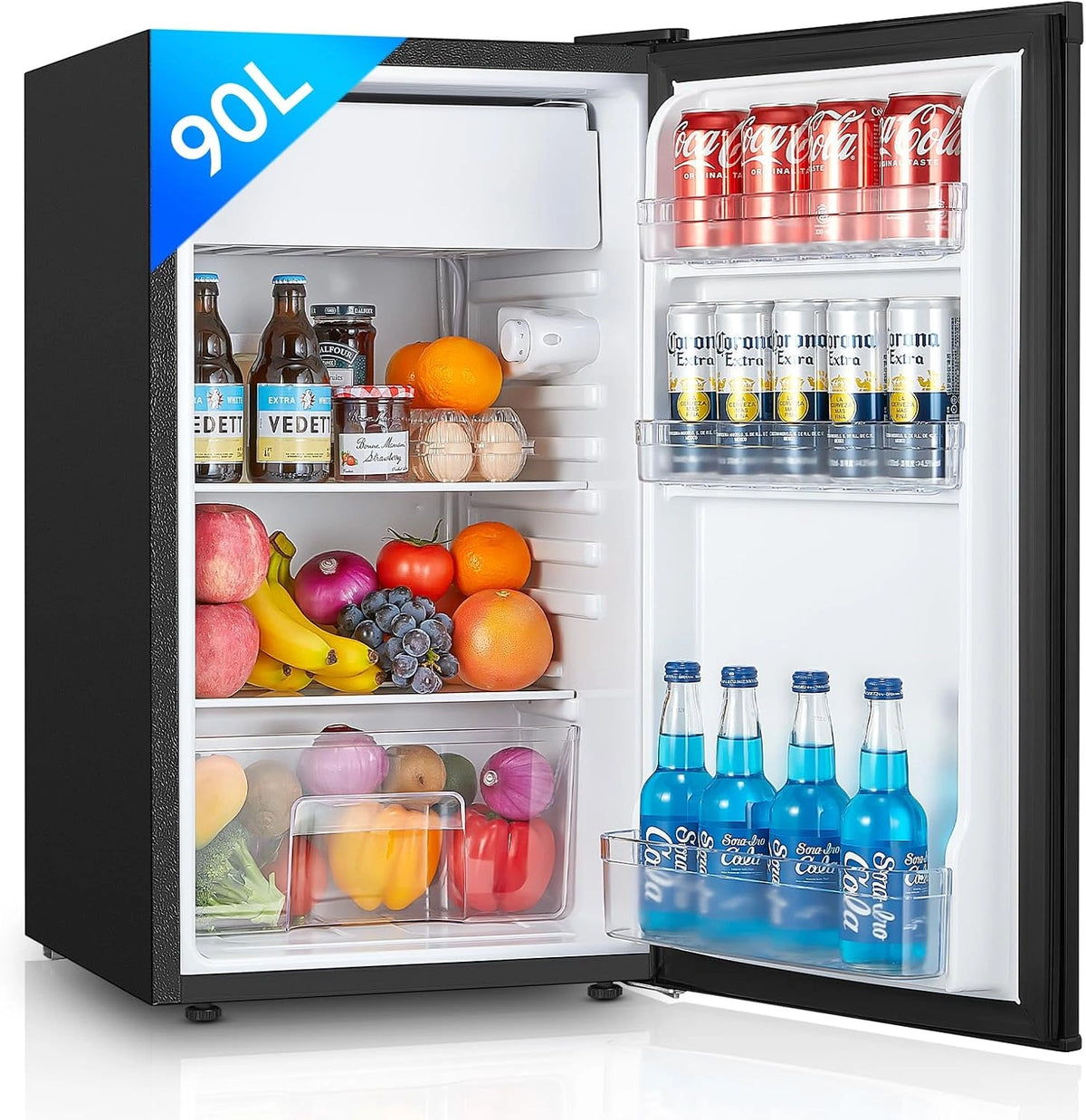 Lodówka – regulacja temperatury, szuflady, kolor czarny, pojemność 90 l, do kuchni
