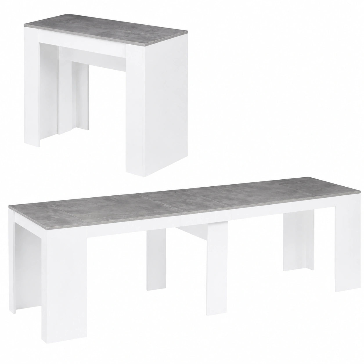 Table Console Extensible 10 Personnes en Bois Blanc et Effet Béton