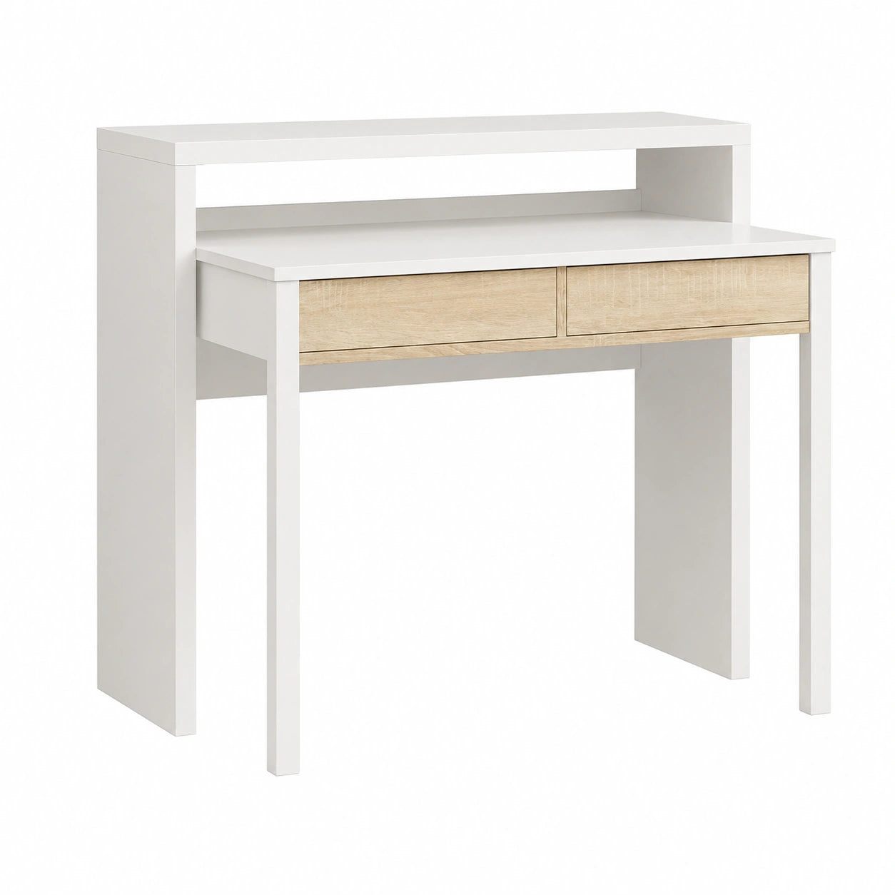 Bureau PC avec Plateau Extensible et Tiroirs, Blanc et Chêne