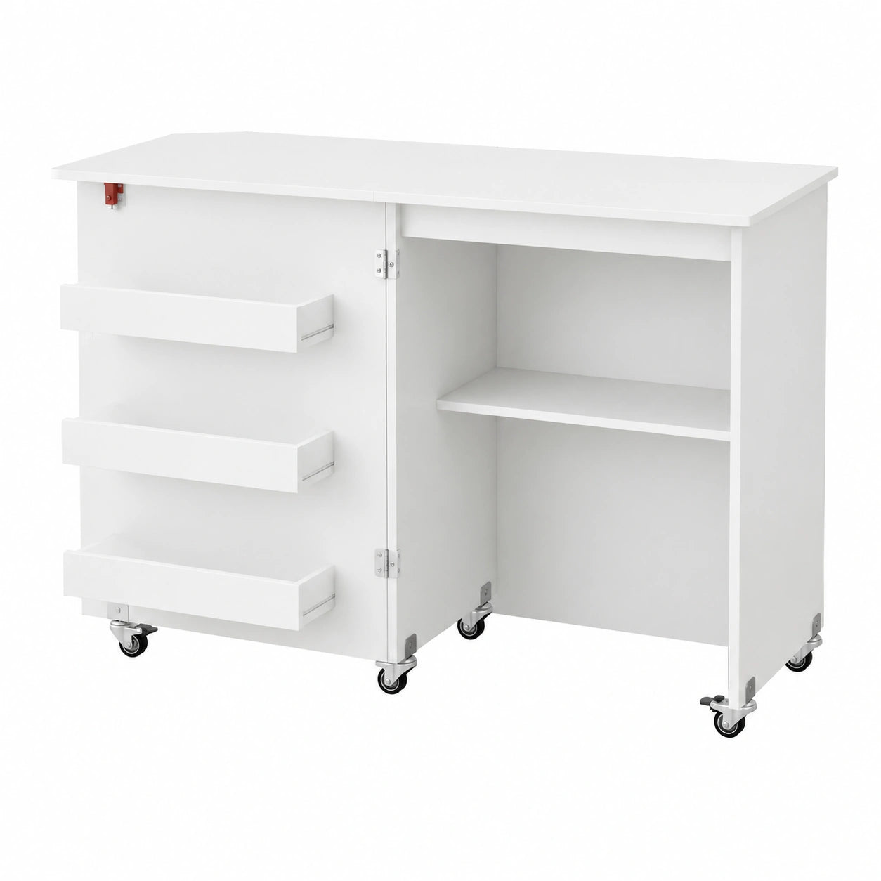 Table de couture pliante avec roulettes et espaces de rangement